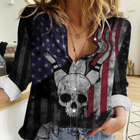 Personalized Skull Bowling Women Casual Shirt Distressed American Flag in Dark Grunge Design - Wonder Print Shop