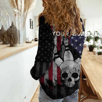 Personalized Skull Bowling Women Casual Shirt Distressed American Flag in Dark Grunge Design - Wonder Print Shop