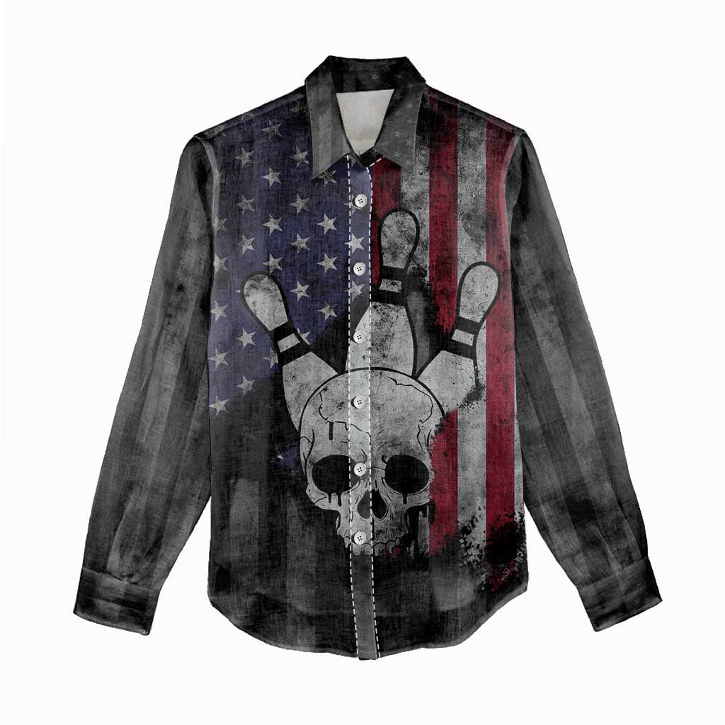 Personalized Skull Bowling Women Casual Shirt Distressed American Flag in Dark Grunge Design - Wonder Print Shop