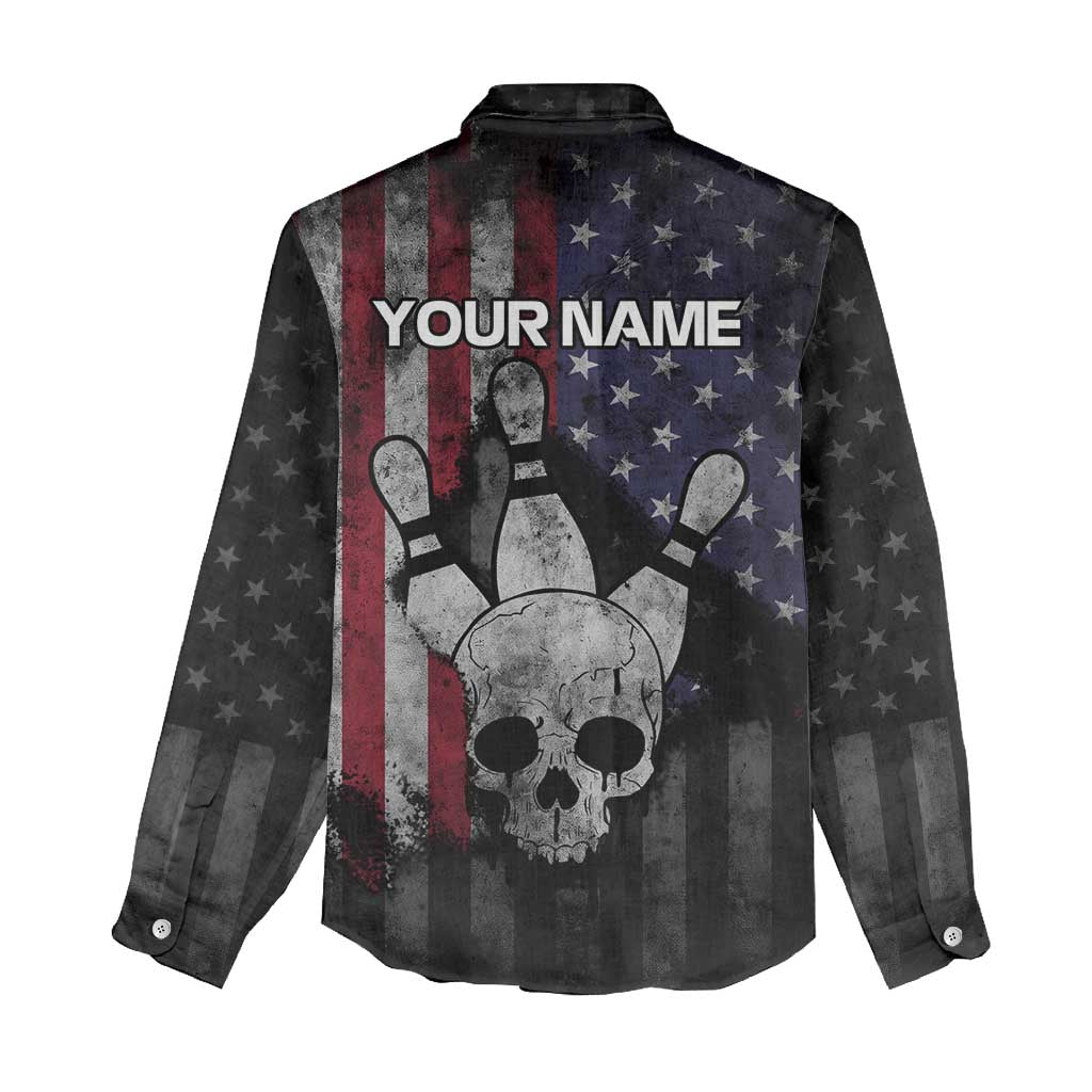 Personalized Skull Bowling Women Casual Shirt Distressed American Flag in Dark Grunge Design - Wonder Print Shop