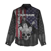 Personalized Skull Bowling Women Casual Shirt Distressed American Flag in Dark Grunge Design - Wonder Print Shop