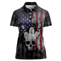 Personalized Skull Bowling Women Polo Shirt Distressed American Flag in Dark Grunge Design - Wonder Print Shop