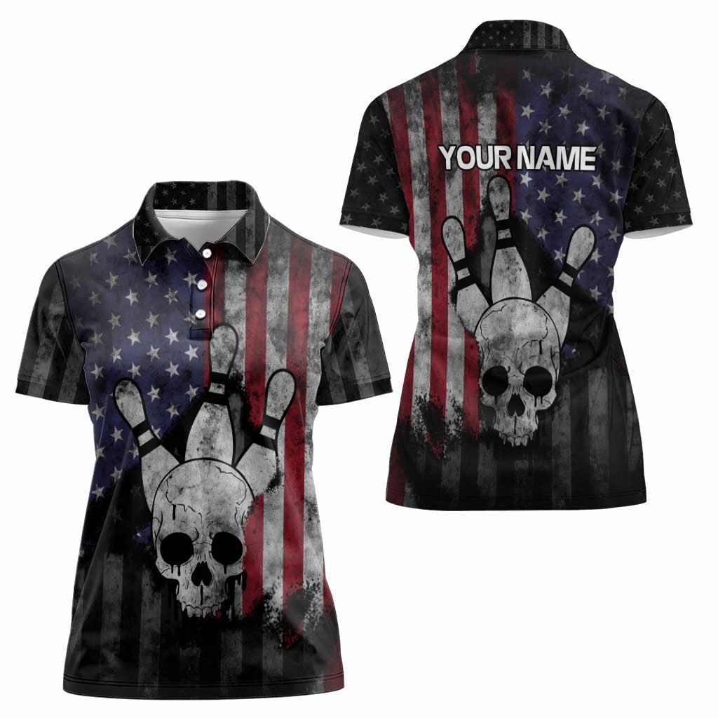 Personalized Skull Bowling Women Polo Shirt Distressed American Flag in Dark Grunge Design - Wonder Print Shop