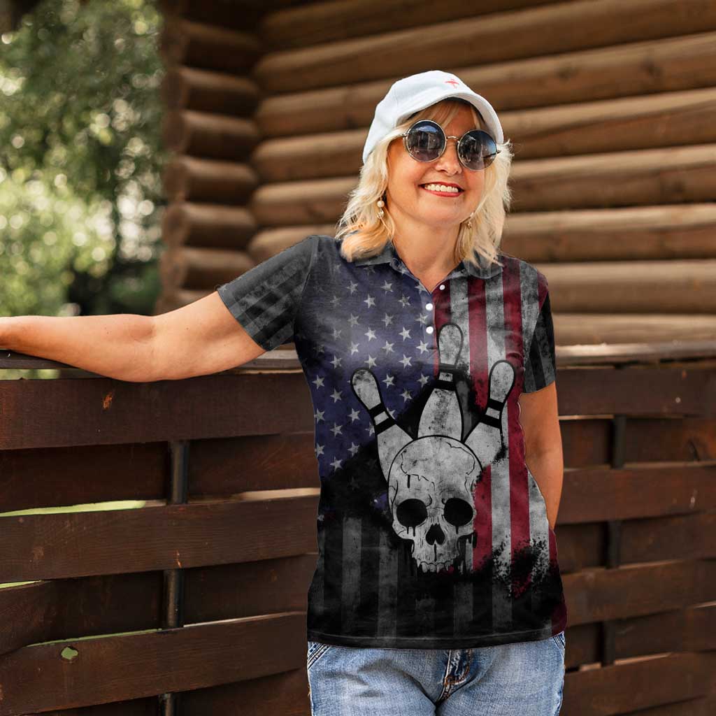 Personalized Skull Bowling Women Polo Shirt Distressed American Flag in Dark Grunge Design - Wonder Print Shop