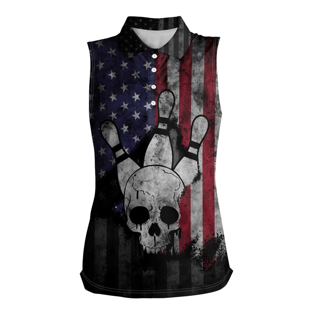 Personalized Skull Bowling Women Sleeveless Polo Shirt Distressed American Flag in Dark Grunge Design - Wonder Print Shop