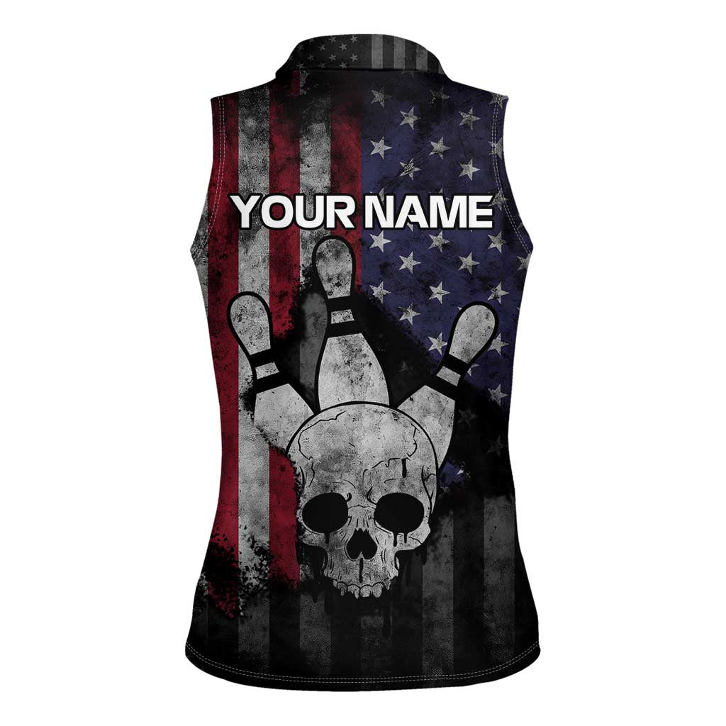 Personalized Skull Bowling Women Sleeveless Polo Shirt Distressed American Flag in Dark Grunge Design - Wonder Print Shop