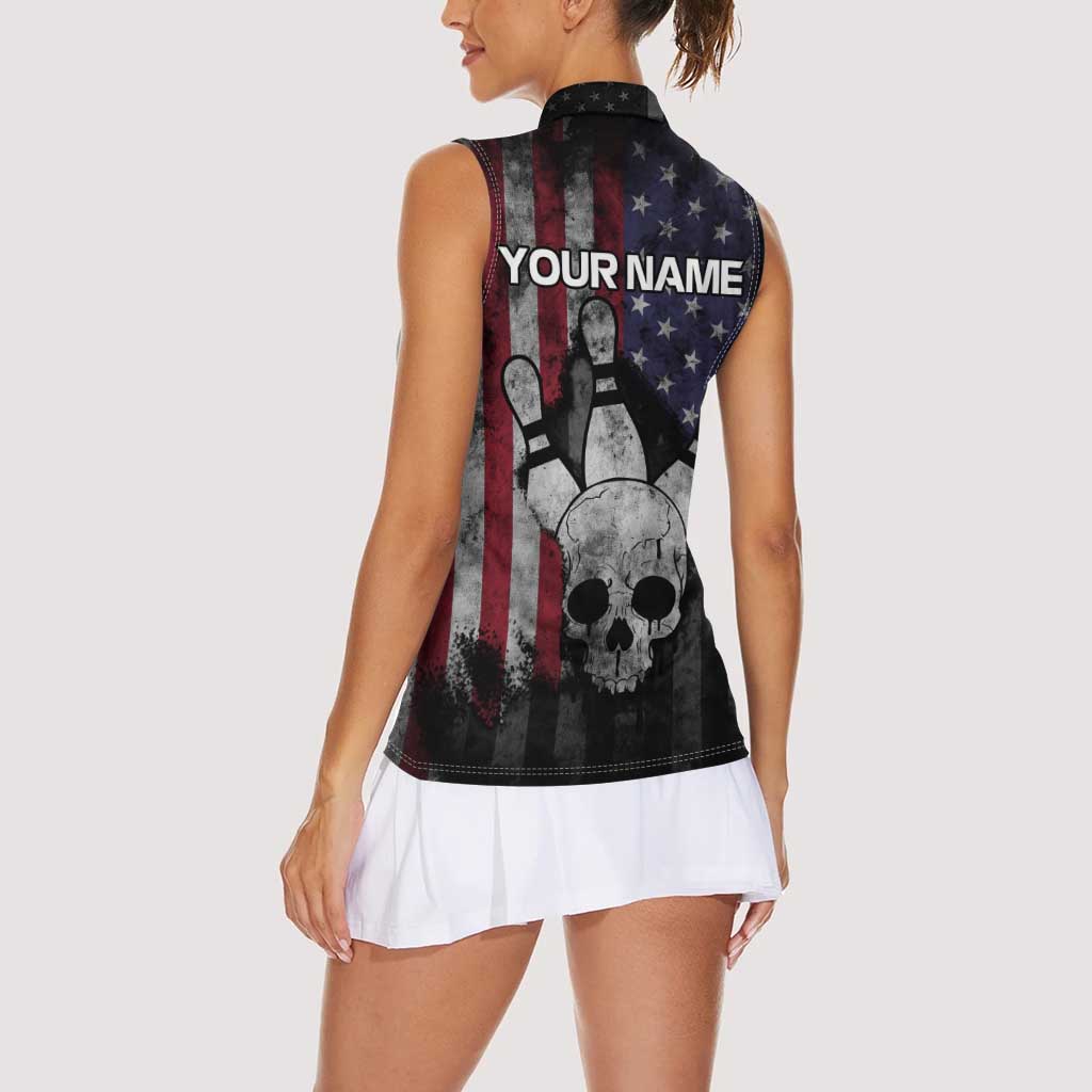 Personalized Skull Bowling Women Sleeveless Polo Shirt Distressed American Flag in Dark Grunge Design - Wonder Print Shop