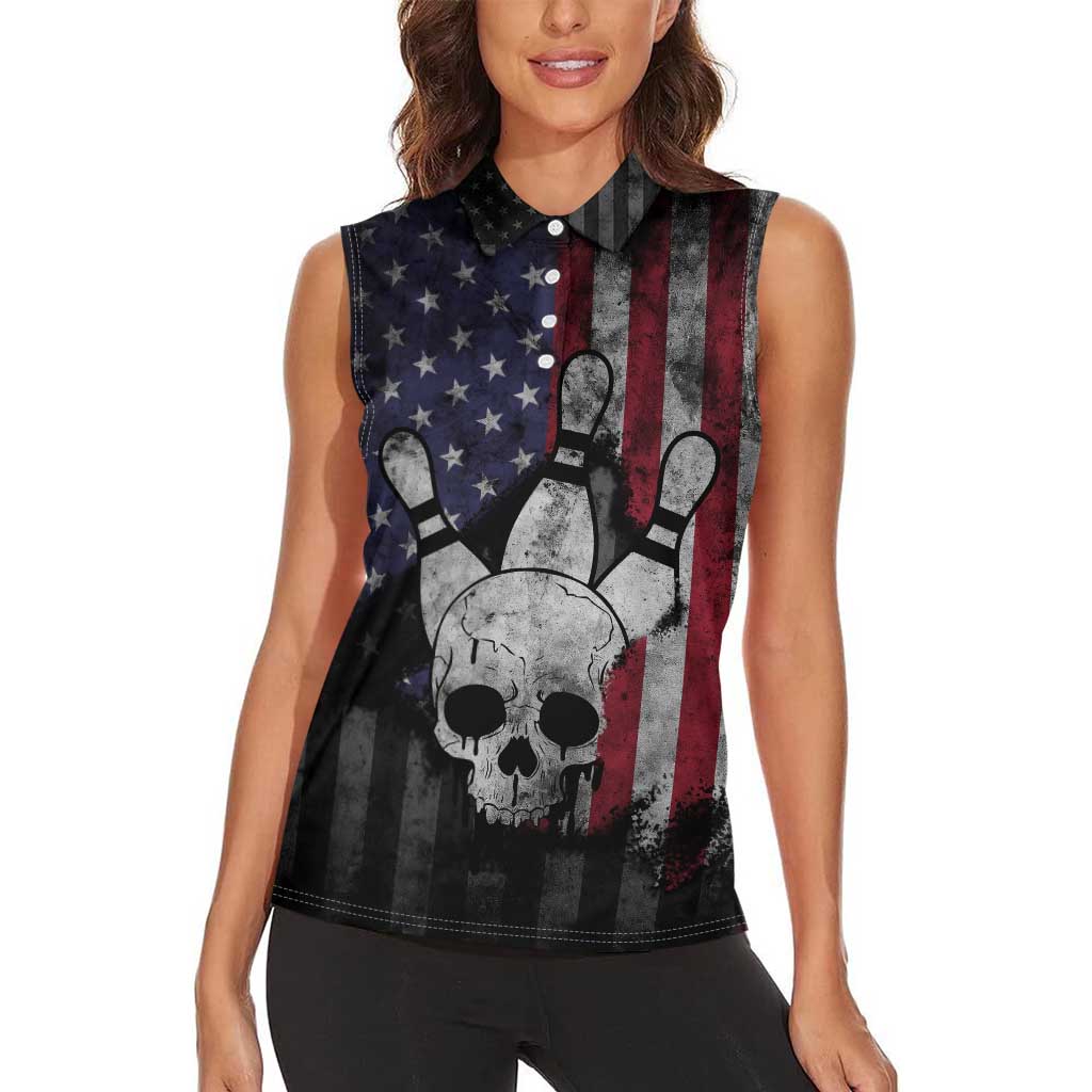Personalized Skull Bowling Women Sleeveless Polo Shirt Distressed American Flag in Dark Grunge Design - Wonder Print Shop