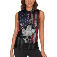 Personalized Skull Bowling Women Sleeveless Polo Shirt Distressed American Flag in Dark Grunge Design - Wonder Print Shop