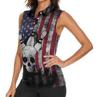 Personalized Skull Bowling Women Sleeveless Polo Shirt Distressed American Flag in Dark Grunge Design - Wonder Print Shop