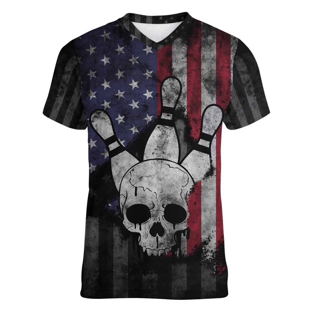 Personalized Skull Bowling Women V-Neck T-Shirt Distressed American Flag in Dark Grunge Design - Wonder Print Shop
