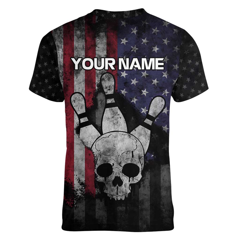 Personalized Skull Bowling Women V-Neck T-Shirt Distressed American Flag in Dark Grunge Design - Wonder Print Shop