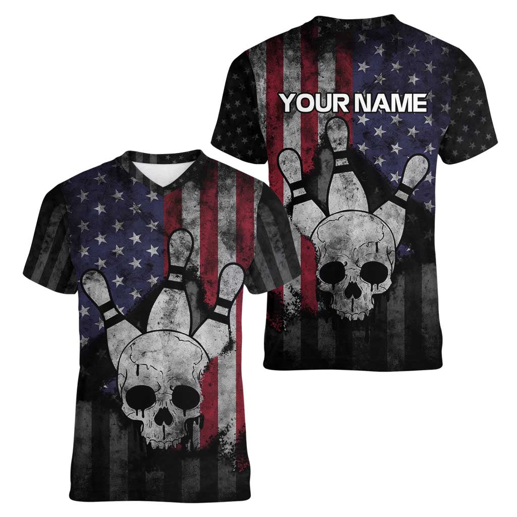 Personalized Skull Bowling Women V-Neck T-Shirt Distressed American Flag in Dark Grunge Design - Wonder Print Shop