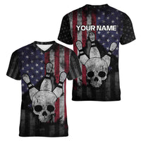 Personalized Skull Bowling Women V-Neck T-Shirt Distressed American Flag in Dark Grunge Design - Wonder Print Shop