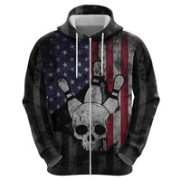 Personalized Skull Bowling Zip Hoodie Distressed American Flag in Dark Grunge Design - Wonder Print Shop