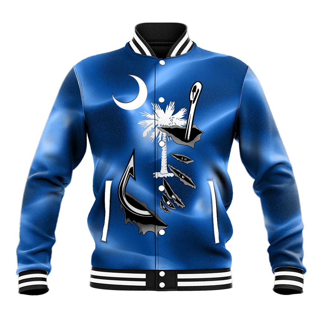 Fishing Custom South Carolina Flag Baseball Jacket Fish Hook Graphic in Blue Gradient Design - Wonder Print Shop