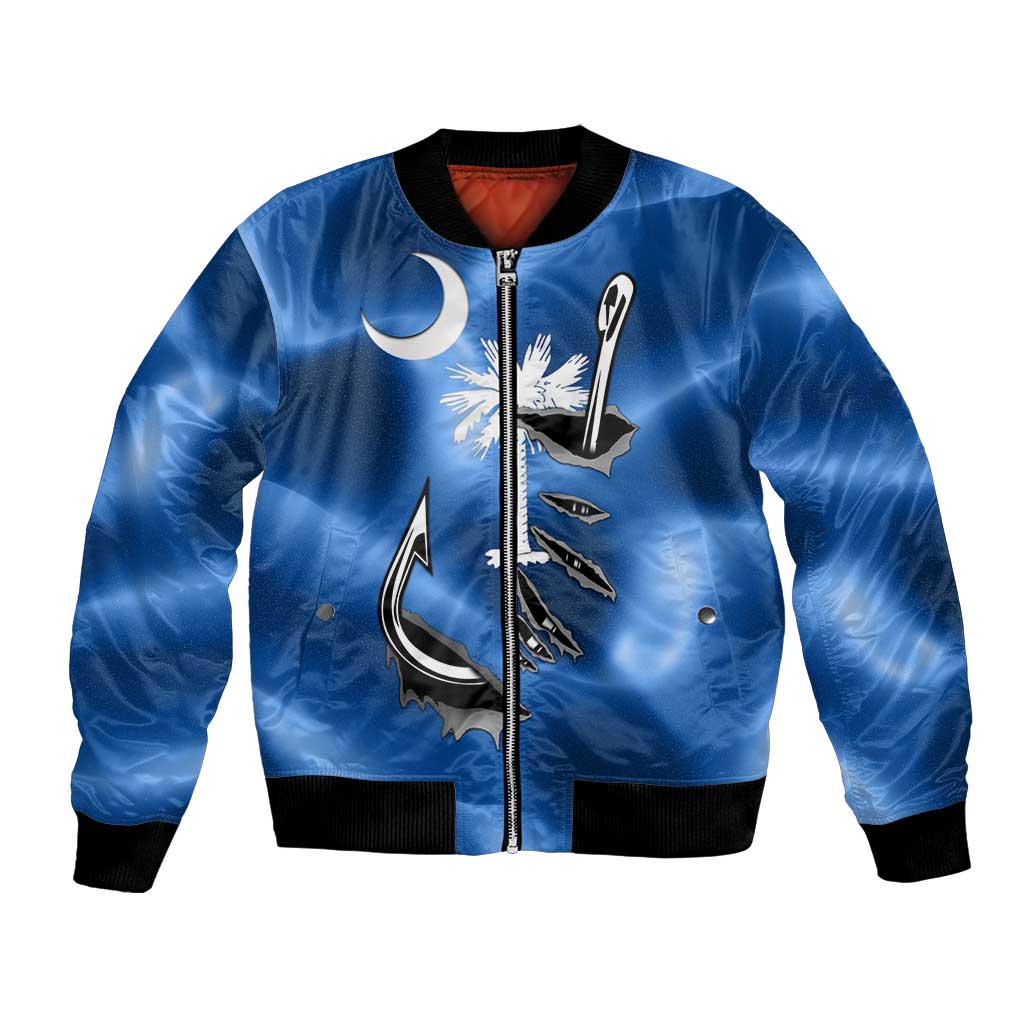 Fishing Custom South Carolina Flag Bomber Jacket Fish Hook Graphic in Blue Gradient Design - Wonder Print Shop