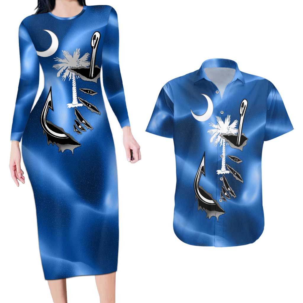 Fishing Custom South Carolina Flag Couples Matching Long Sleeve Bodycon Dress and Hawaiian Shirt Fish Hook Graphic in Blue Gradient Design - Wonder Print Shop