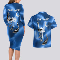 Fishing Custom South Carolina Flag Couples Matching Long Sleeve Bodycon Dress and Hawaiian Shirt Fish Hook Graphic in Blue Gradient Design - Wonder Print Shop