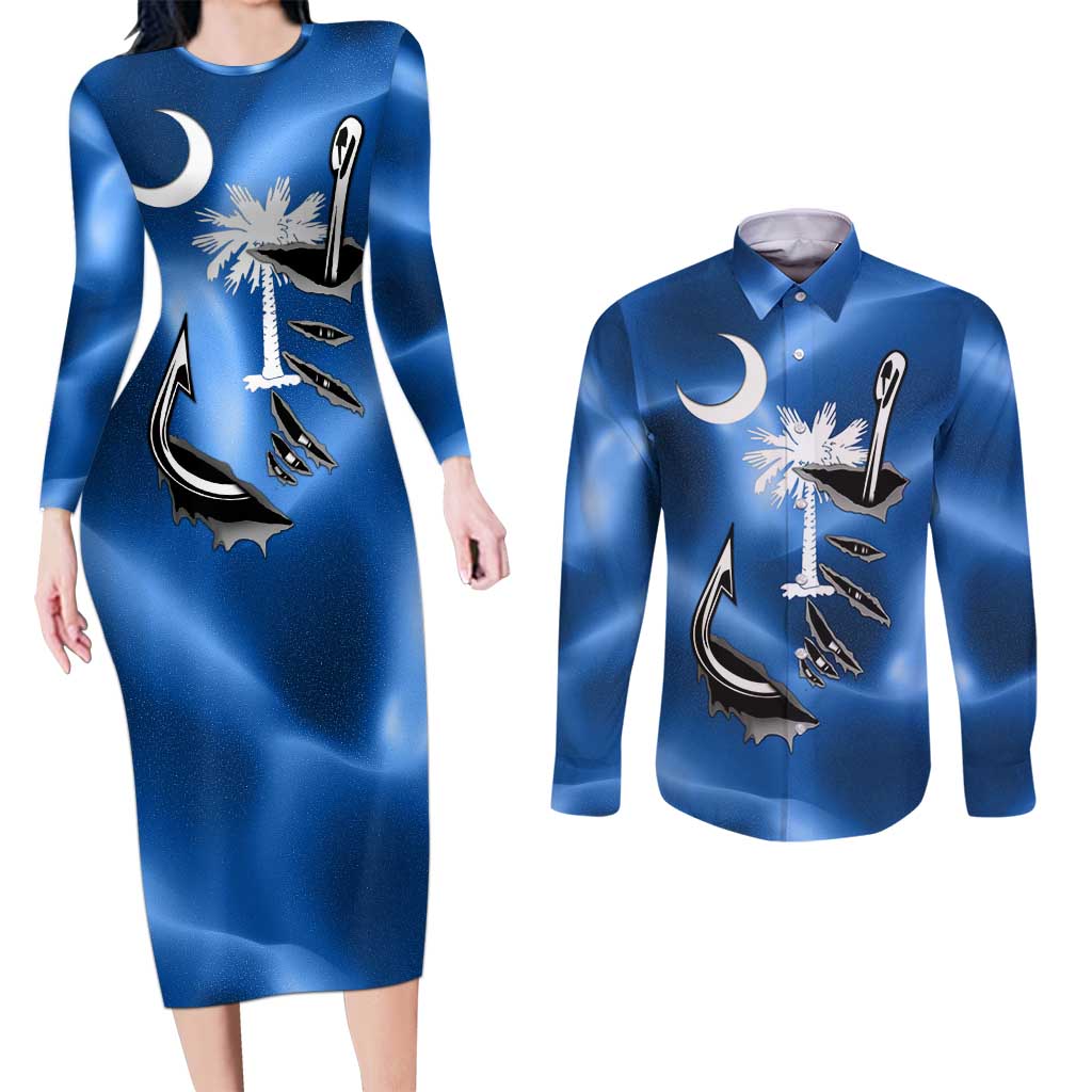 Fishing Custom South Carolina Flag Couples Matching Long Sleeve Bodycon Dress and Long Sleeve Button Shirt Fish Hook Graphic in Blue Gradient Design - Wonder Print Shop