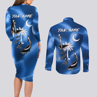 Fishing Custom South Carolina Flag Couples Matching Long Sleeve Bodycon Dress and Long Sleeve Button Shirt Fish Hook Graphic in Blue Gradient Design - Wonder Print Shop