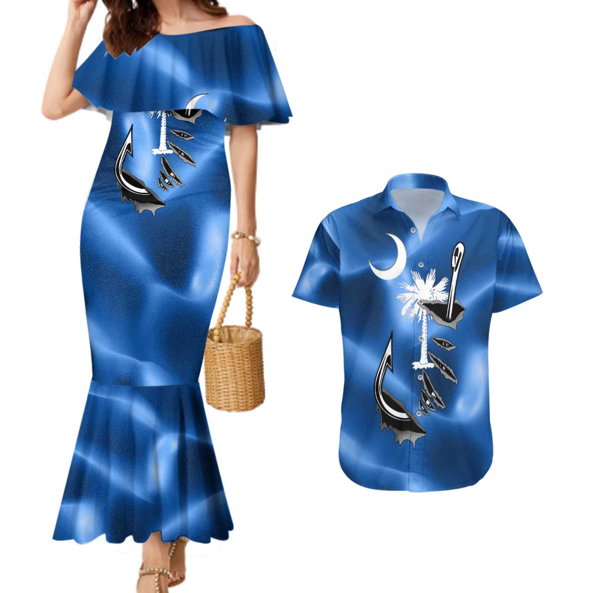Fishing Custom South Carolina Flag Couples Matching Mermaid Dress and Hawaiian Shirt Fish Hook Graphic in Blue Gradient Design - Wonder Print Shop
