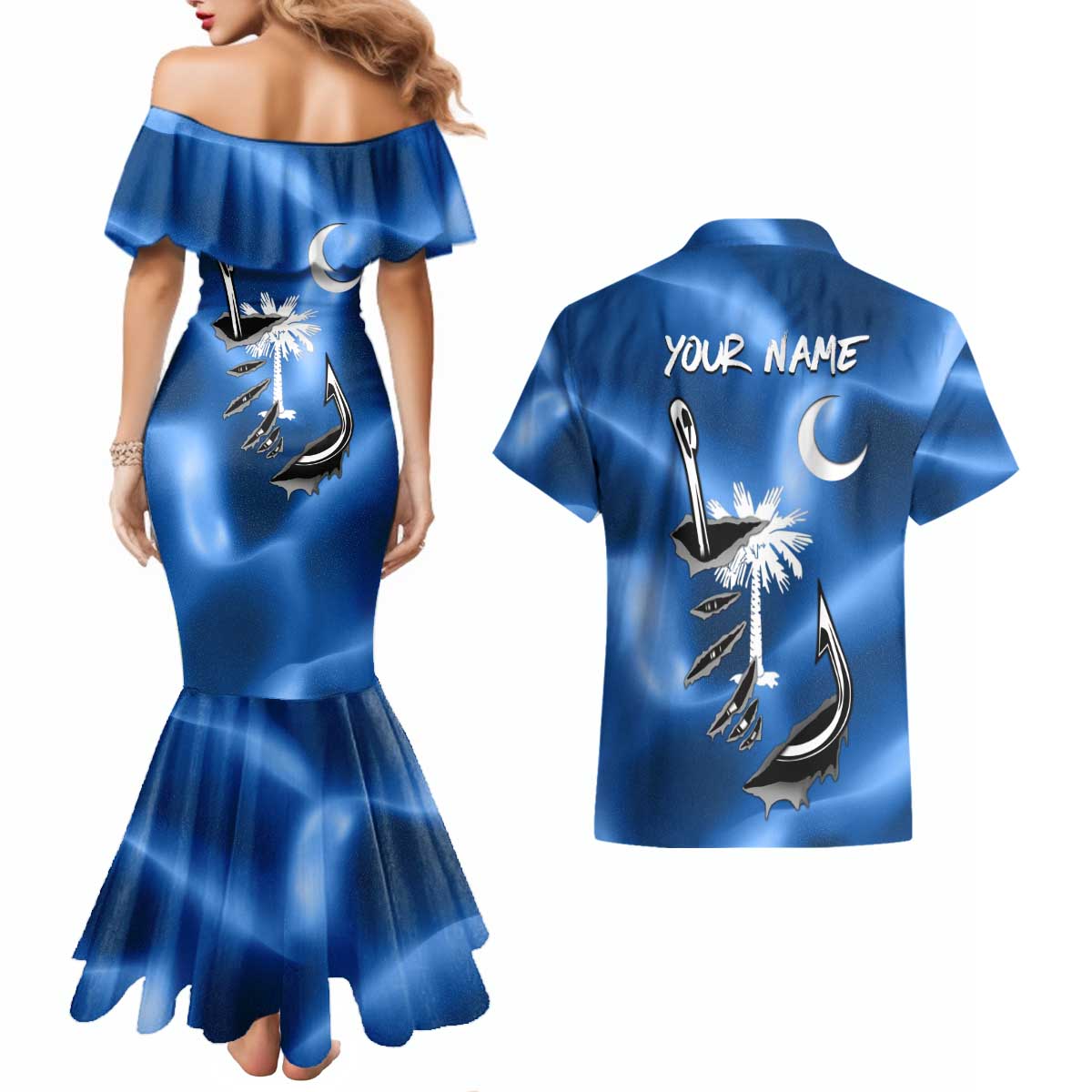 Fishing Custom South Carolina Flag Couples Matching Mermaid Dress and Hawaiian Shirt Fish Hook Graphic in Blue Gradient Design - Wonder Print Shop