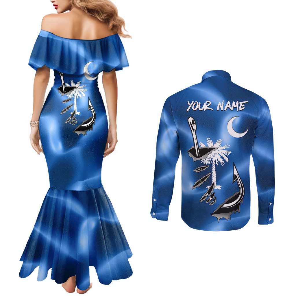 Fishing Custom South Carolina Flag Couples Matching Mermaid Dress and Long Sleeve Button Shirt Fish Hook Graphic in Blue Gradient Design - Wonder Print Shop