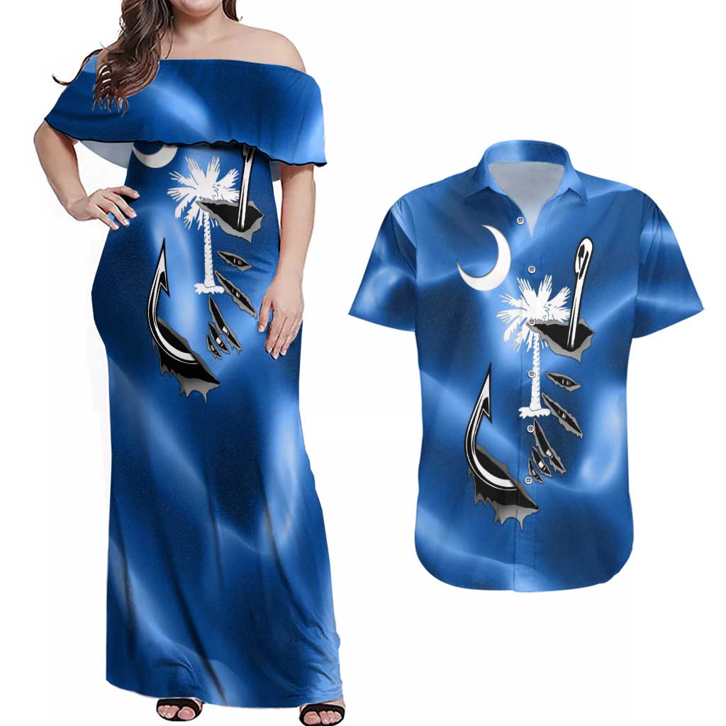 Fishing Custom South Carolina Flag Couples Matching Off Shoulder Maxi Dress and Hawaiian Shirt Fish Hook Graphic in Blue Gradient Design - Wonder Print Shop