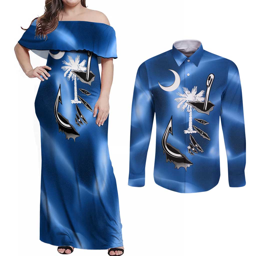 Fishing Custom South Carolina Flag Couples Matching Off Shoulder Maxi Dress and Long Sleeve Button Shirt Fish Hook Graphic in Blue Gradient Design - Wonder Print Shop