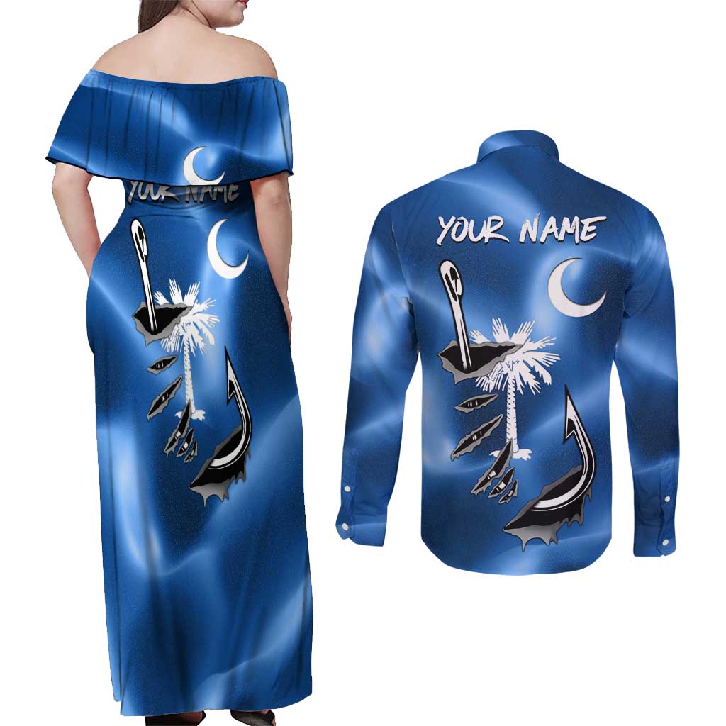 Fishing Custom South Carolina Flag Couples Matching Off Shoulder Maxi Dress and Long Sleeve Button Shirt Fish Hook Graphic in Blue Gradient Design - Wonder Print Shop