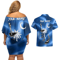 Fishing Custom South Carolina Flag Couples Matching Off Shoulder Short Dress and Hawaiian Shirt Fish Hook Graphic in Blue Gradient Design - Wonder Print Shop
