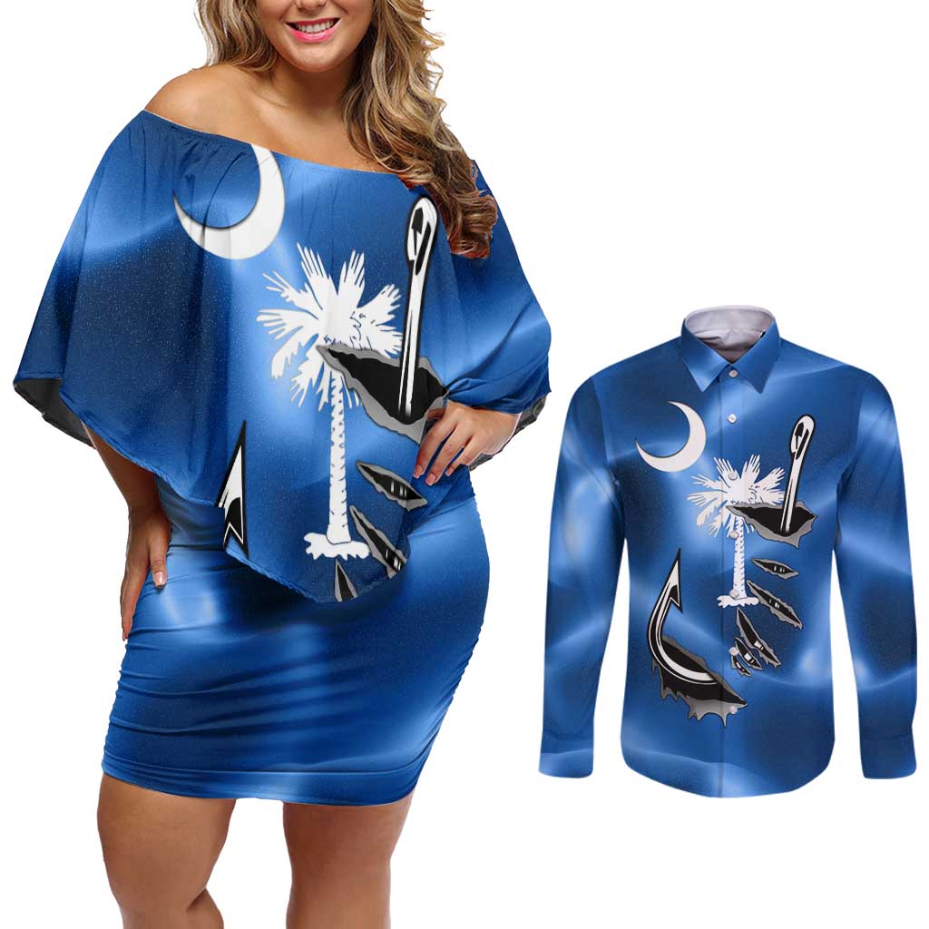 Fishing Custom South Carolina Flag Couples Matching Off Shoulder Short Dress and Long Sleeve Button Shirt Fish Hook Graphic in Blue Gradient Design - Wonder Print Shop