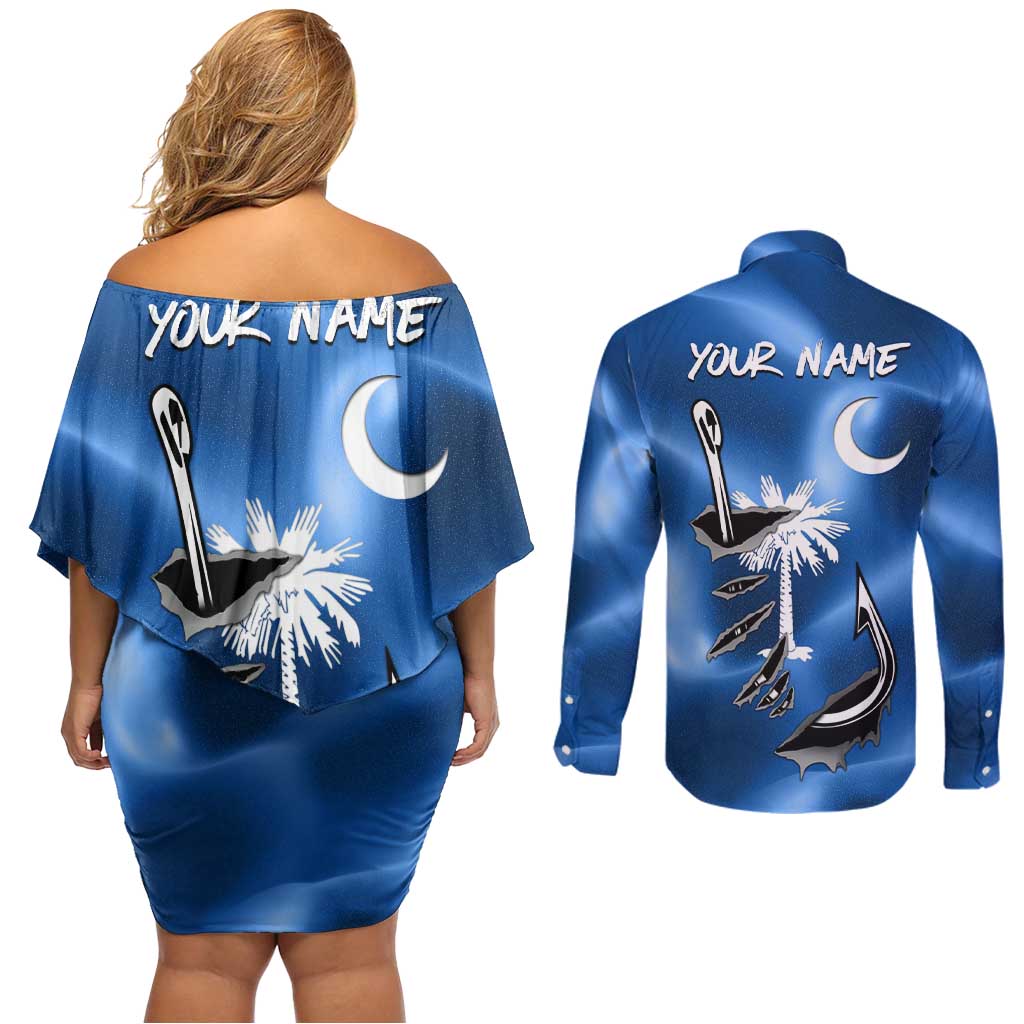 Fishing Custom South Carolina Flag Couples Matching Off Shoulder Short Dress and Long Sleeve Button Shirt Fish Hook Graphic in Blue Gradient Design - Wonder Print Shop