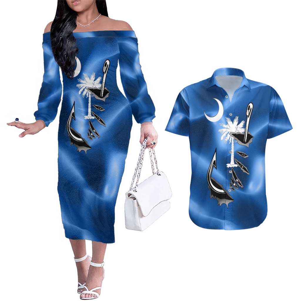 Fishing Custom South Carolina Flag Couples Matching Off The Shoulder Long Sleeve Dress and Hawaiian Shirt Fish Hook Graphic in Blue Gradient Design - Wonder Print Shop