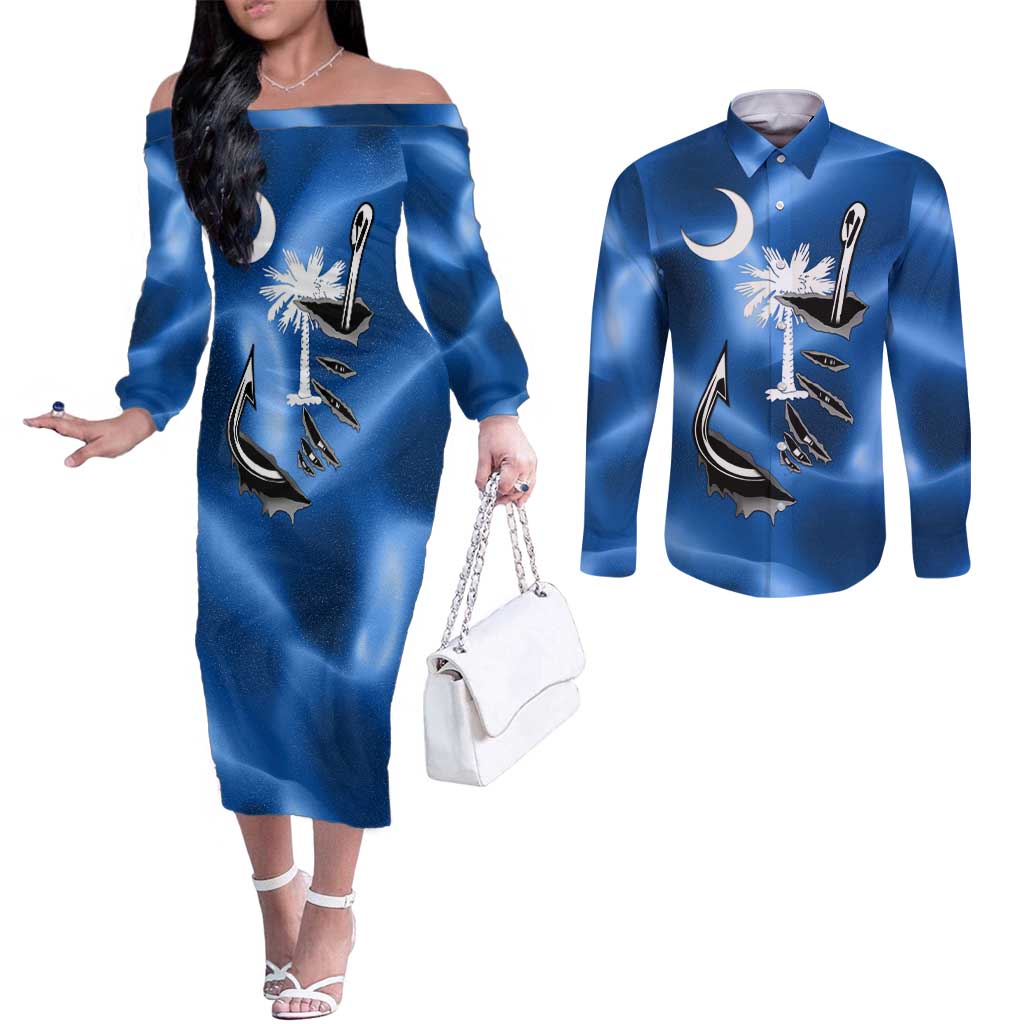 Fishing Custom South Carolina Flag Couples Matching Off The Shoulder Long Sleeve Dress and Long Sleeve Button Shirt Fish Hook Graphic in Blue Gradient Design - Wonder Print Shop