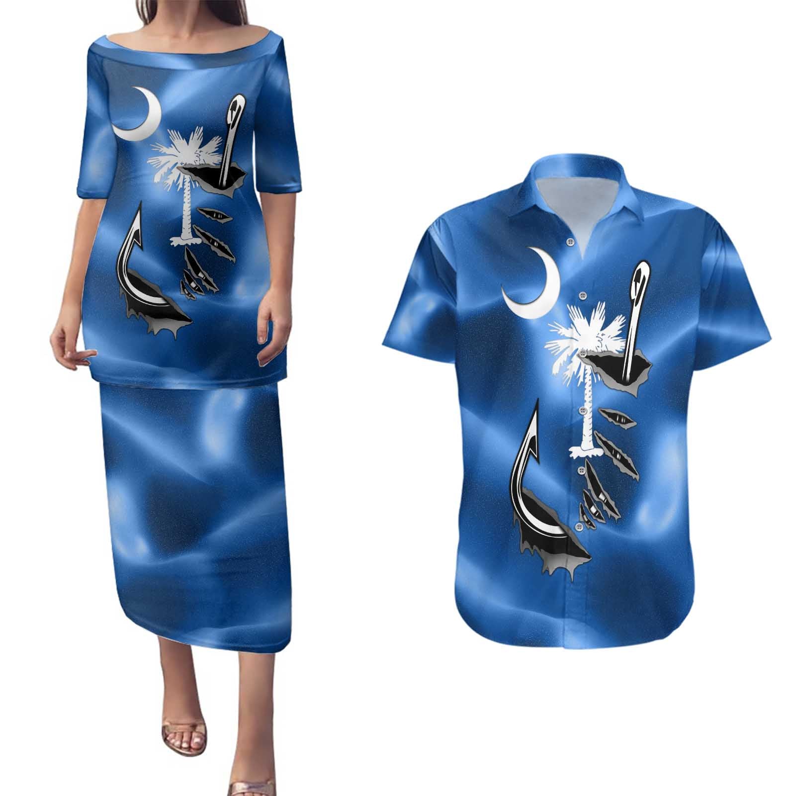 Fishing Custom South Carolina Flag Couples Matching Puletasi and Hawaiian Shirt Fish Hook Graphic in Blue Gradient Design - Wonder Print Shop