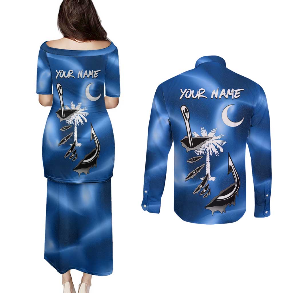 Fishing Custom South Carolina Flag Couples Matching Puletasi and Long Sleeve Button Shirt Fish Hook Graphic in Blue Gradient Design - Wonder Print Shop