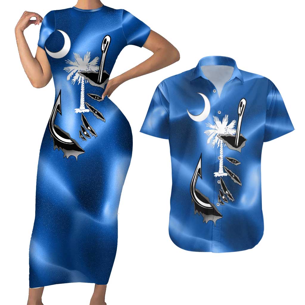 Fishing Custom South Carolina Flag Couples Matching Short Sleeve Bodycon Dress and Hawaiian Shirt Fish Hook Graphic in Blue Gradient Design - Wonder Print Shop