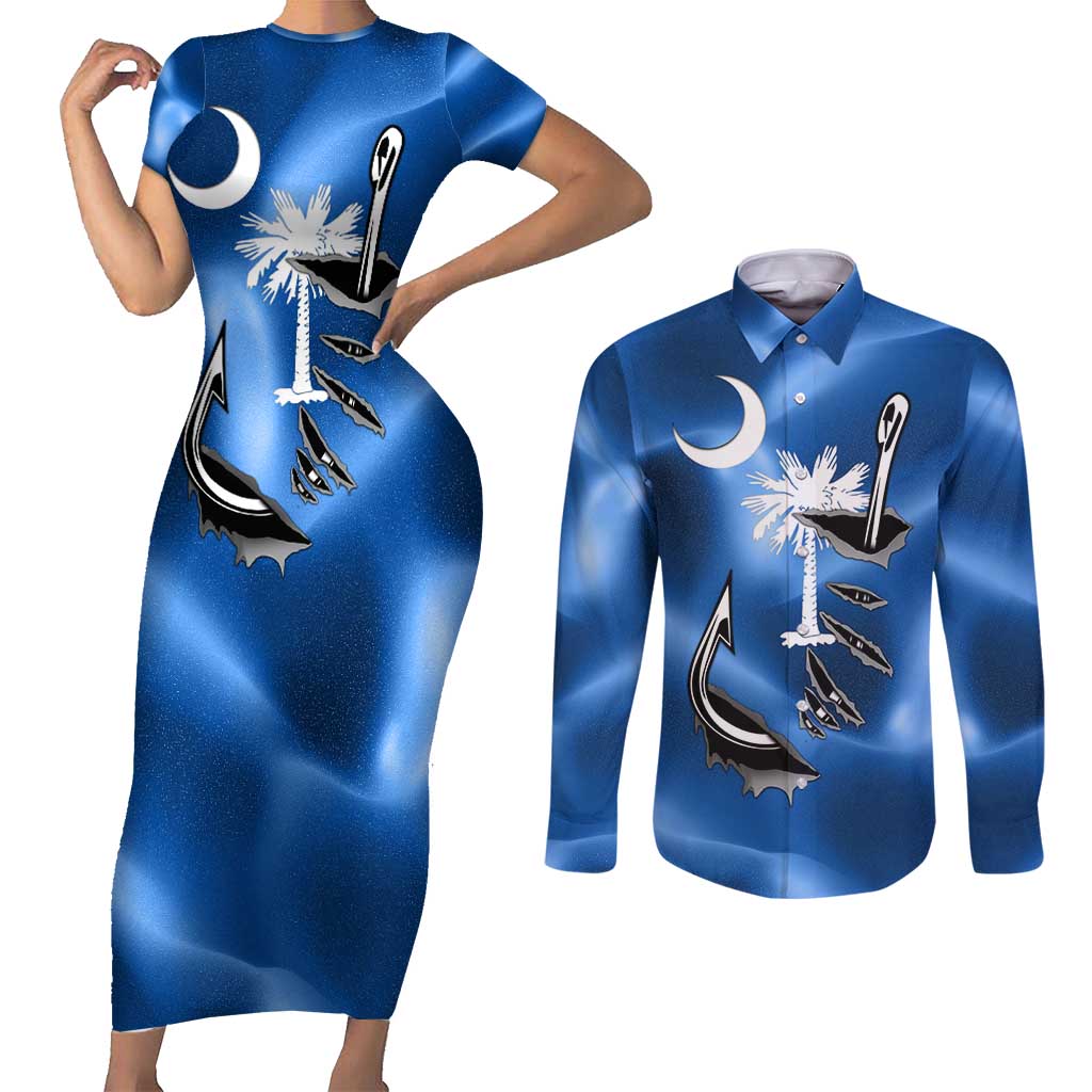 Fishing Custom South Carolina Flag Couples Matching Short Sleeve Bodycon Dress and Long Sleeve Button Shirt Fish Hook Graphic in Blue Gradient Design - Wonder Print Shop