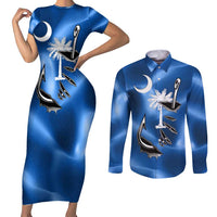 Fishing Custom South Carolina Flag Couples Matching Short Sleeve Bodycon Dress and Long Sleeve Button Shirt Fish Hook Graphic in Blue Gradient Design - Wonder Print Shop