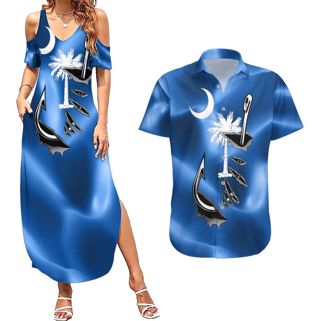Fishing Custom South Carolina Flag Couples Matching Summer Maxi Dress and Hawaiian Shirt Fish Hook Graphic in Blue Gradient Design - Wonder Print Shop