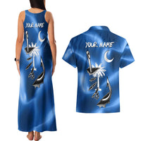 Fishing Custom South Carolina Flag Couples Matching Tank Maxi Dress and Hawaiian Shirt Fish Hook Graphic in Blue Gradient Design - Wonder Print Shop