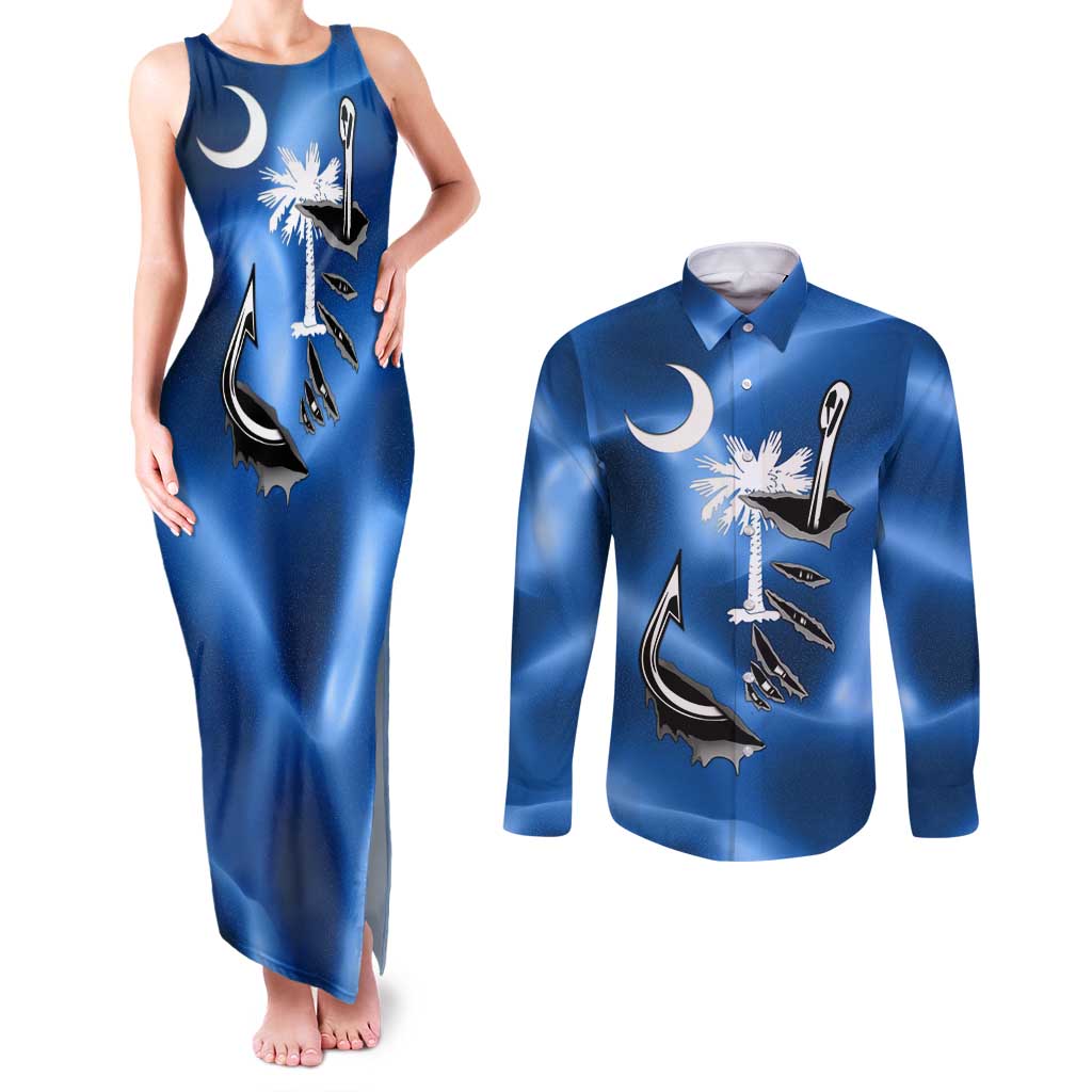 Fishing Custom South Carolina Flag Couples Matching Tank Maxi Dress and Long Sleeve Button Shirt Fish Hook Graphic in Blue Gradient Design - Wonder Print Shop