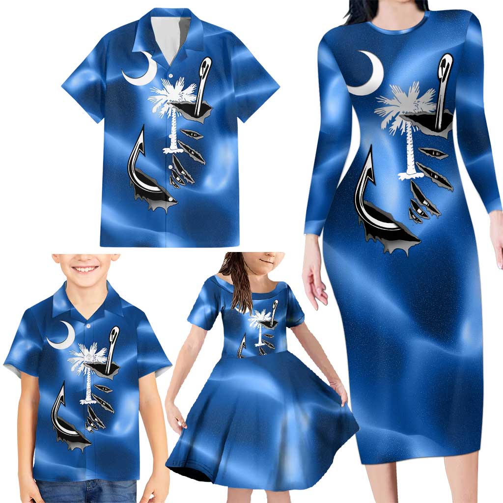Fishing Custom South Carolina Flag Family Matching Long Sleeve Bodycon Dress and Hawaiian Shirt Fish Hook Graphic in Blue Gradient Design - Wonder Print Shop