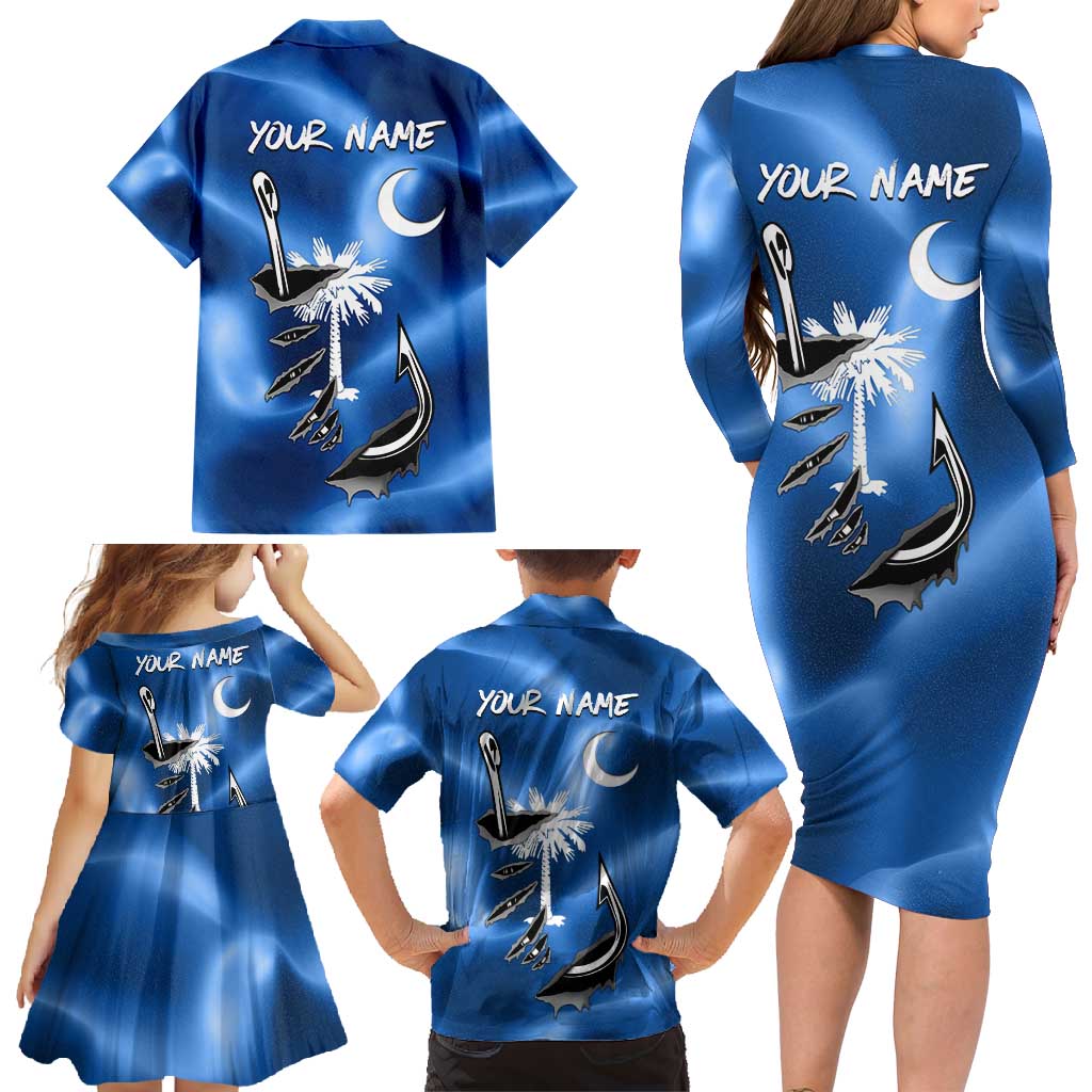 Fishing Custom South Carolina Flag Family Matching Long Sleeve Bodycon Dress and Hawaiian Shirt Fish Hook Graphic in Blue Gradient Design - Wonder Print Shop