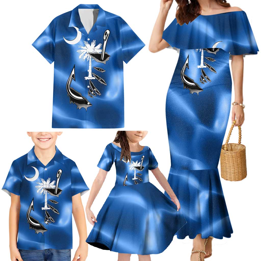 Fishing Custom South Carolina Flag Family Matching Mermaid Dress and Hawaiian Shirt Fish Hook Graphic in Blue Gradient Design - Wonder Print Shop