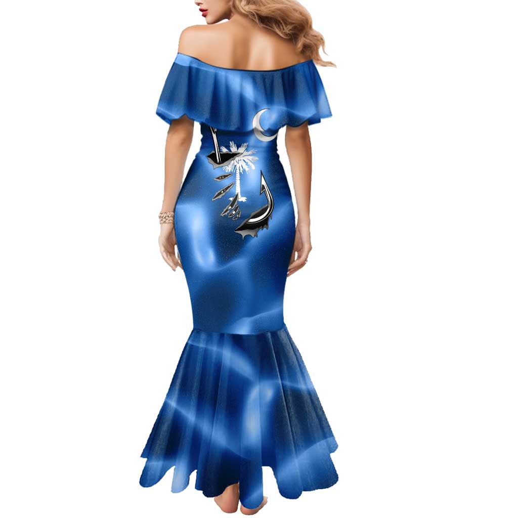 Fishing Custom South Carolina Flag Family Matching Mermaid Dress and Hawaiian Shirt Fish Hook Graphic in Blue Gradient Design - Wonder Print Shop