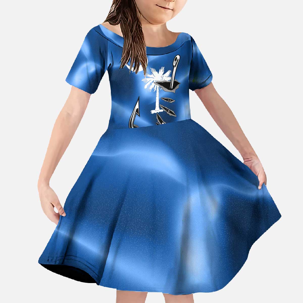 Fishing Custom South Carolina Flag Family Matching Off The Shoulder Long Sleeve Dress and Hawaiian Shirt Fish Hook Graphic in Blue Gradient Design - Wonder Print Shop