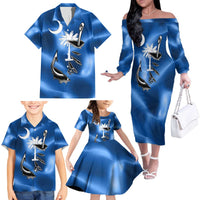Fishing Custom South Carolina Flag Family Matching Off The Shoulder Long Sleeve Dress and Hawaiian Shirt Fish Hook Graphic in Blue Gradient Design - Wonder Print Shop